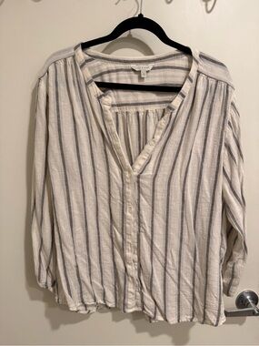 Linen Blend Striped Button-Front Women’s Top - Cream & Gray